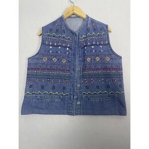 Embroidered Denim Vest Vintage Sleeveless Jacket Button Up Blue Jean‎